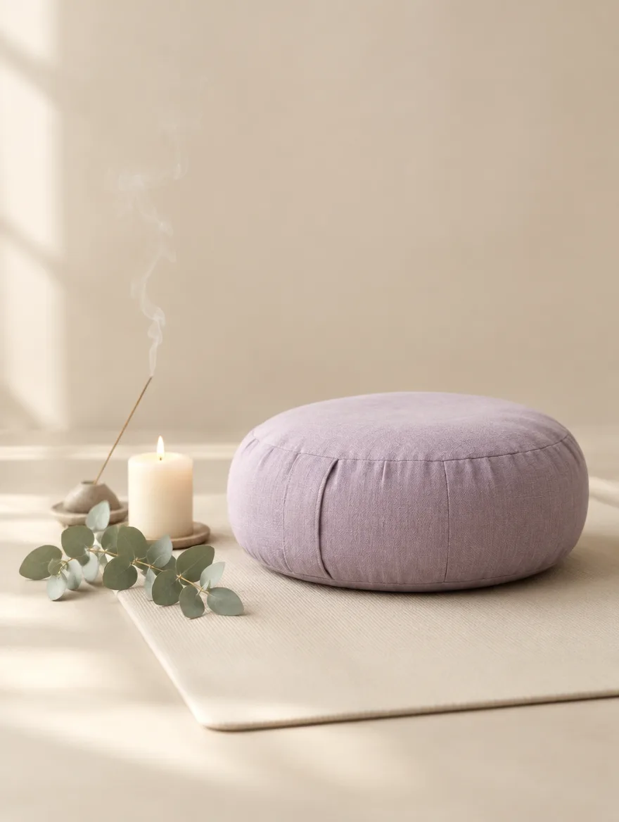 Lavender linen meditation cushion on an ivory mat beside a lit candle, incense and eucalyptus
